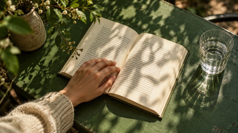 Sunlight falling across an open book on a green table